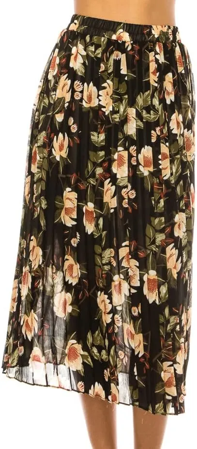 LA12ST Women Pleated A-Line High Waist Swing Flare Midi Skirt