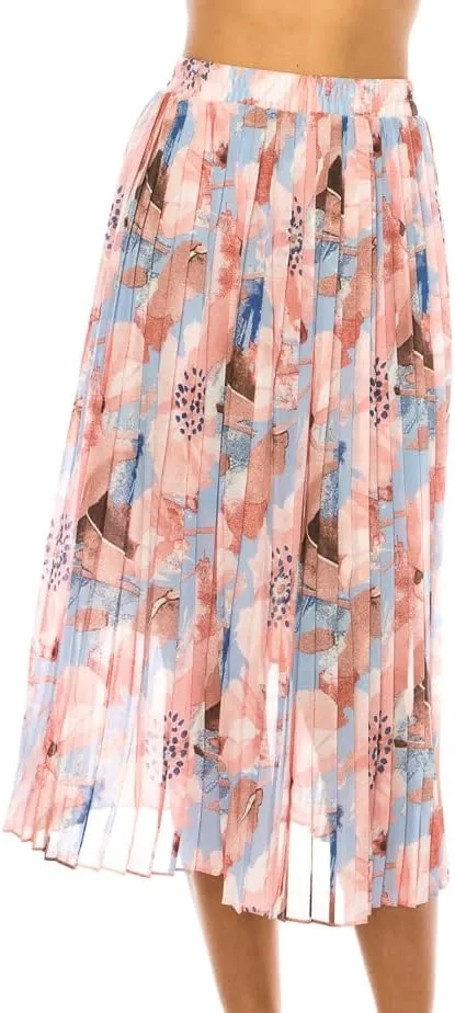 LA12ST Women Pleated A-Line High Waist Swing Flare Midi Skirt