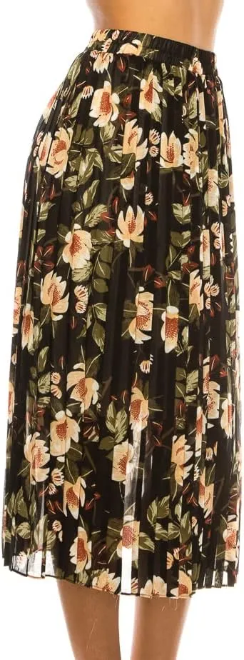 LA12ST Women Pleated A-Line High Waist Swing Flare Midi Skirt