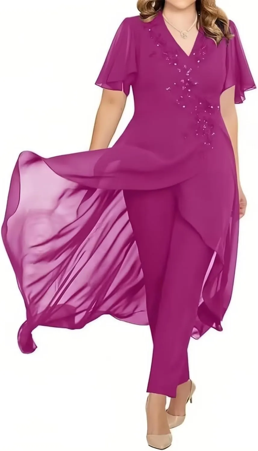 Lace Chiffon Mother of The Bride Pantsuits 2 Pieces Formal Pants Suits V Neck Mother of The Bride Dress
