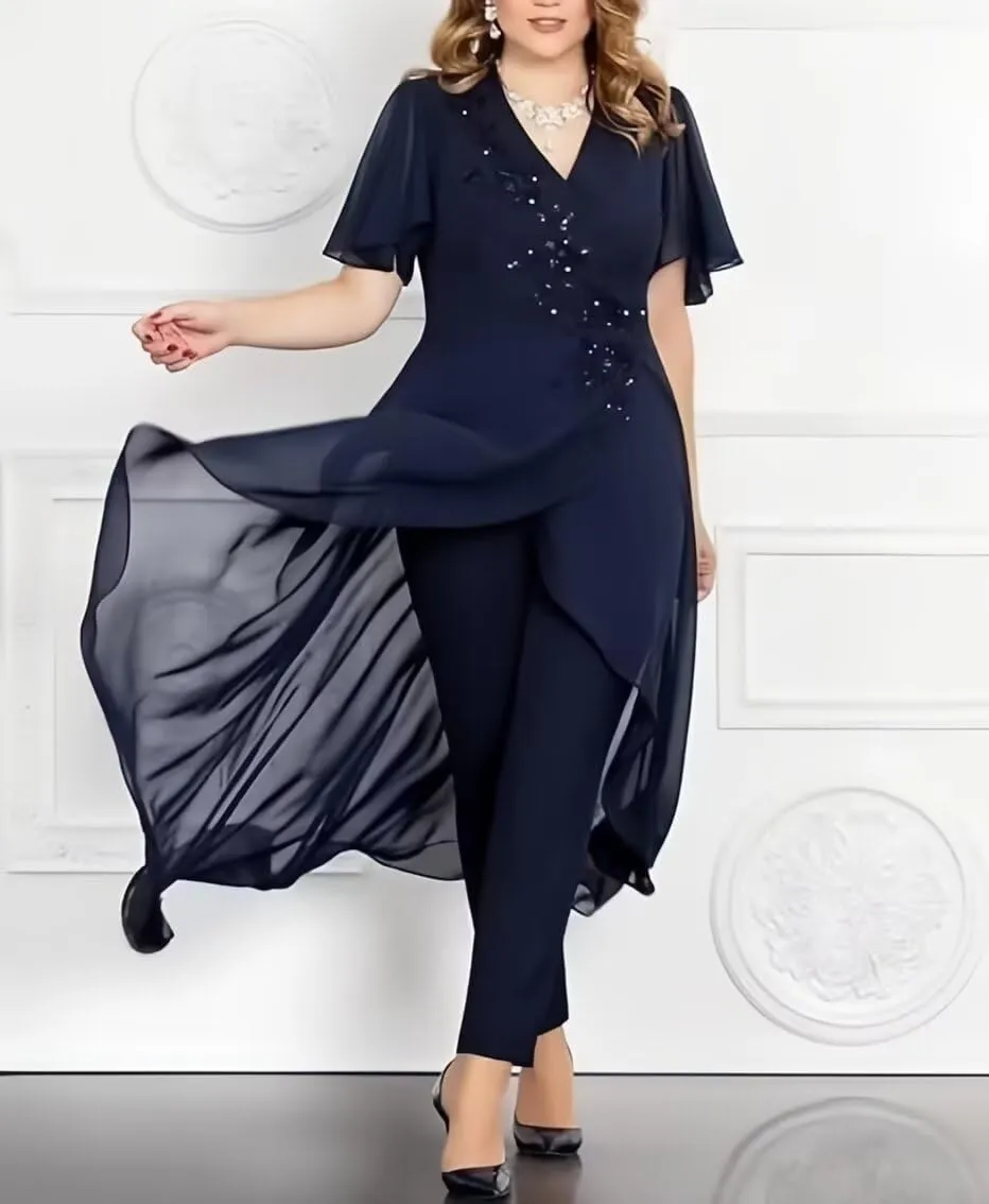 Lace Chiffon Mother of The Bride Pantsuits 2 Pieces Formal Pants Suits V Neck Mother of The Bride Dress