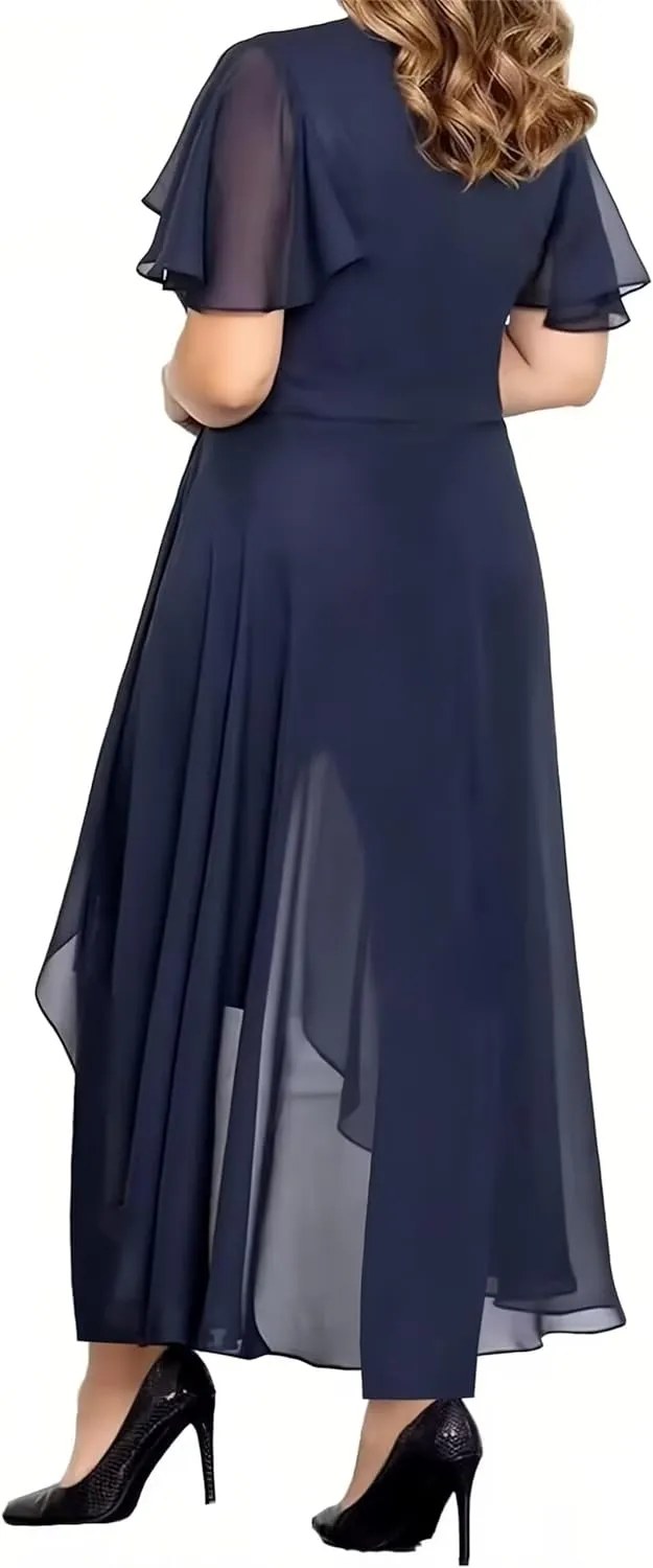 Lace Chiffon Mother of The Bride Pantsuits 2 Pieces Formal Pants Suits V Neck Mother of The Bride Dress