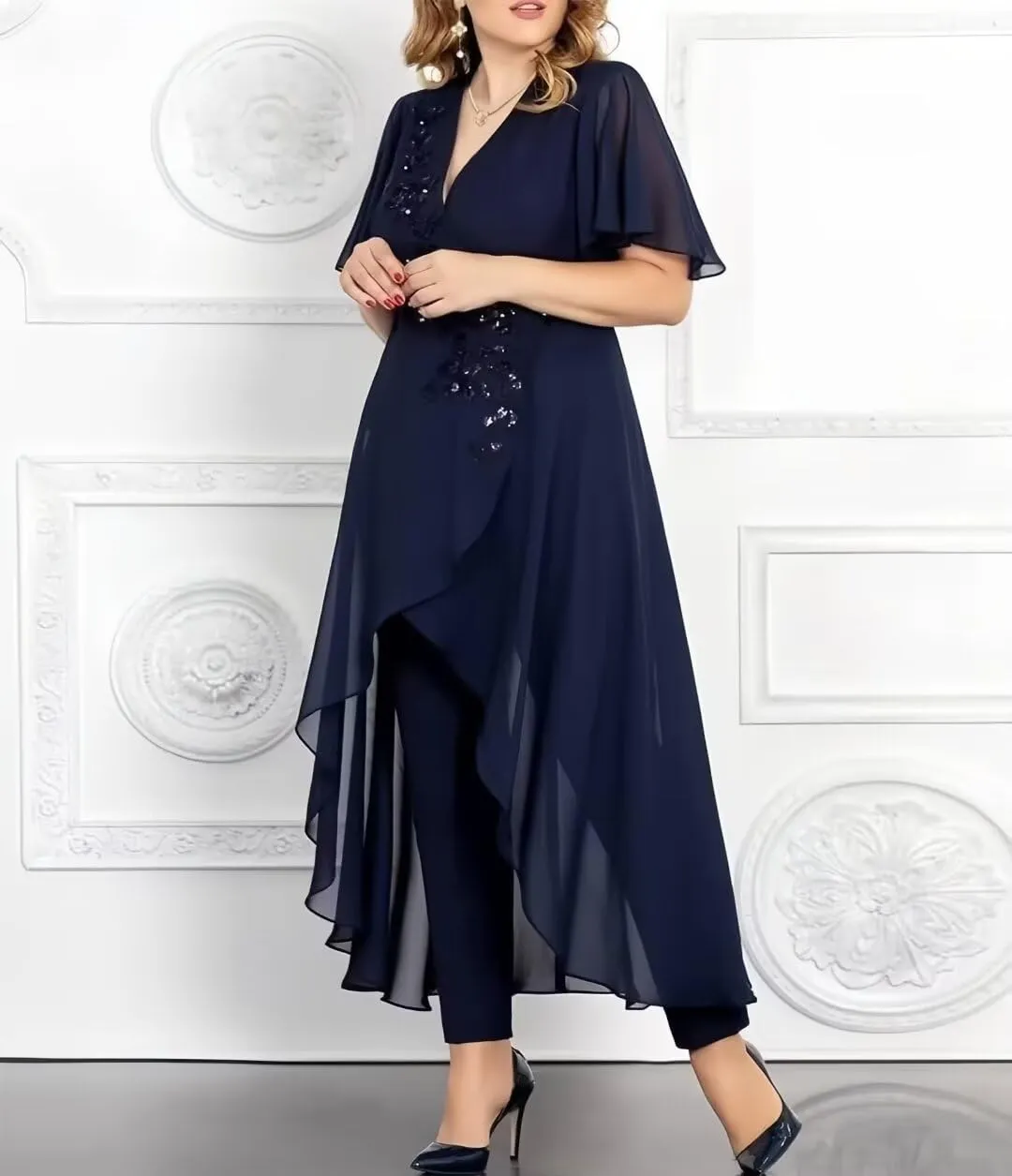 Lace Chiffon Mother of The Bride Pantsuits 2 Pieces Formal Pants Suits V Neck Mother of The Bride Dress