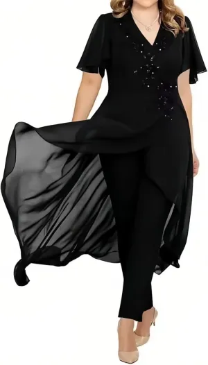 Lace Chiffon Mother of The Bride Pantsuits 2 Pieces Formal Pants Suits V Neck Mother of The Bride Dress