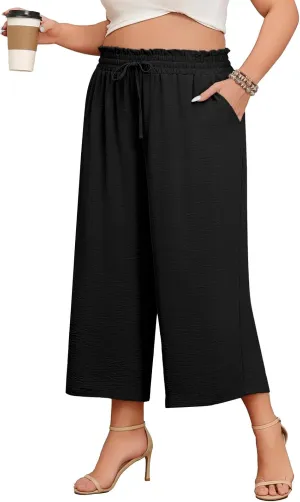 Lastshe Women's Plus Size Wide Leg Capri Pants Loose High Waist Lounge Pants Drawstring Casual Palazzo Trousers with Pockets
