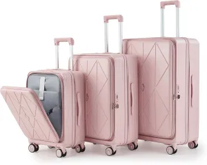 Lightweight Expandable 3-Piece Luggage Set with Front Laptop Compartment, Spinner Wheels, Pink