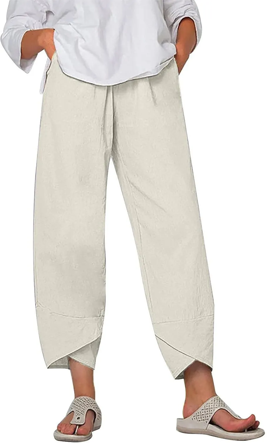Linen Pants for Women Trendy Elastic Waist Beach Pants Ladies Casual Trousers with Pockets Summer Outfits Clothes