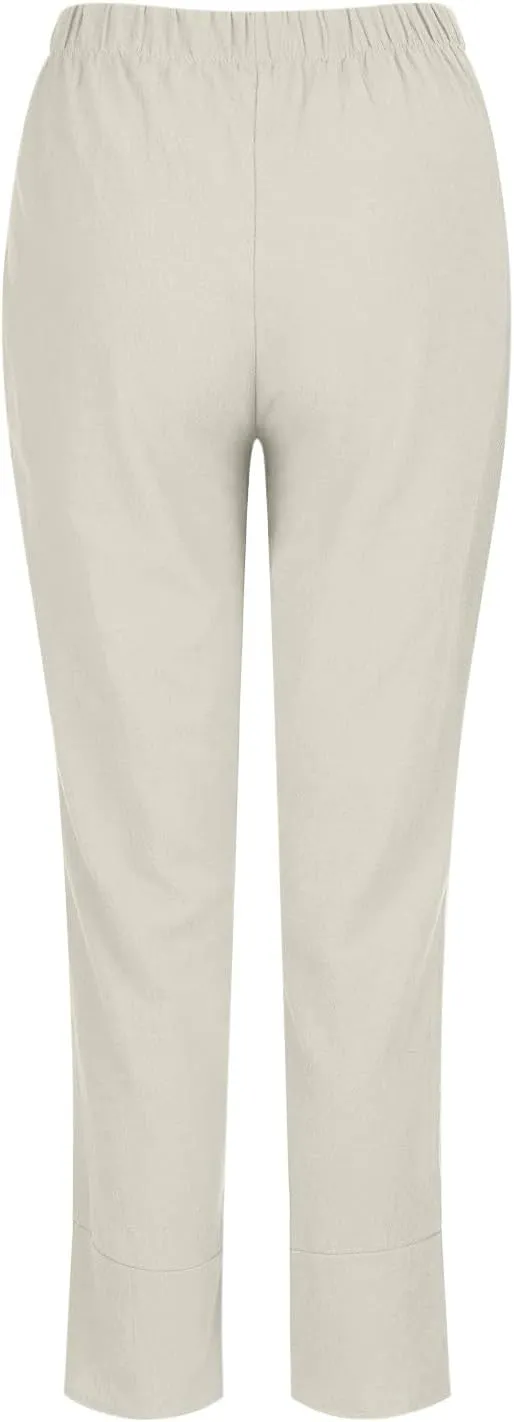 Linen Pants for Women Trendy Elastic Waist Beach Pants Ladies Casual Trousers with Pockets Summer Outfits Clothes