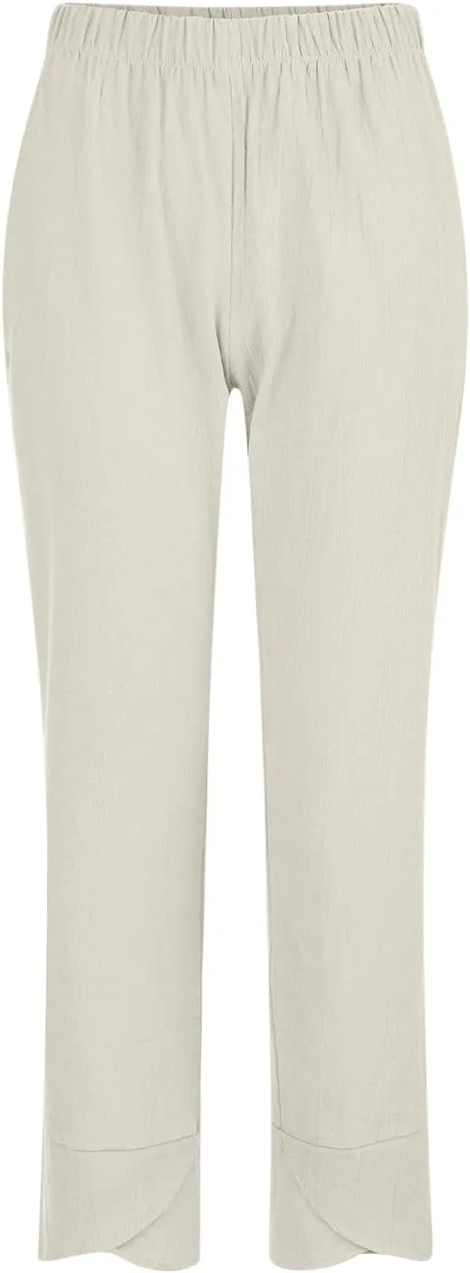 Linen Pants for Women Trendy Elastic Waist Beach Pants Ladies Casual Trousers with Pockets Summer Outfits Clothes