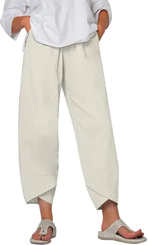 Linen Pants for Women Trendy Elastic Waist Beach Pants Ladies Casual Trousers with Pockets Summer Outfits Clothes