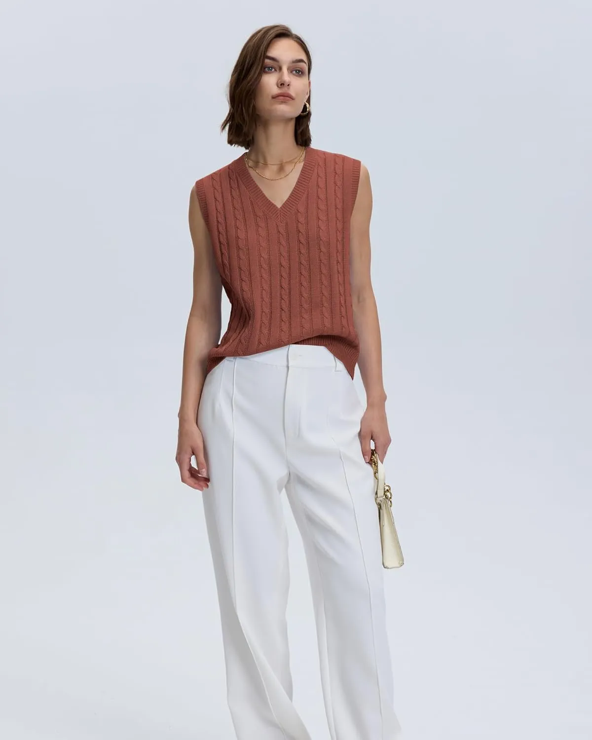 Locachy Women's Vintage Loose V Neck Sleeveless Cable Knit Preppy Style Pullover Sweater Vest