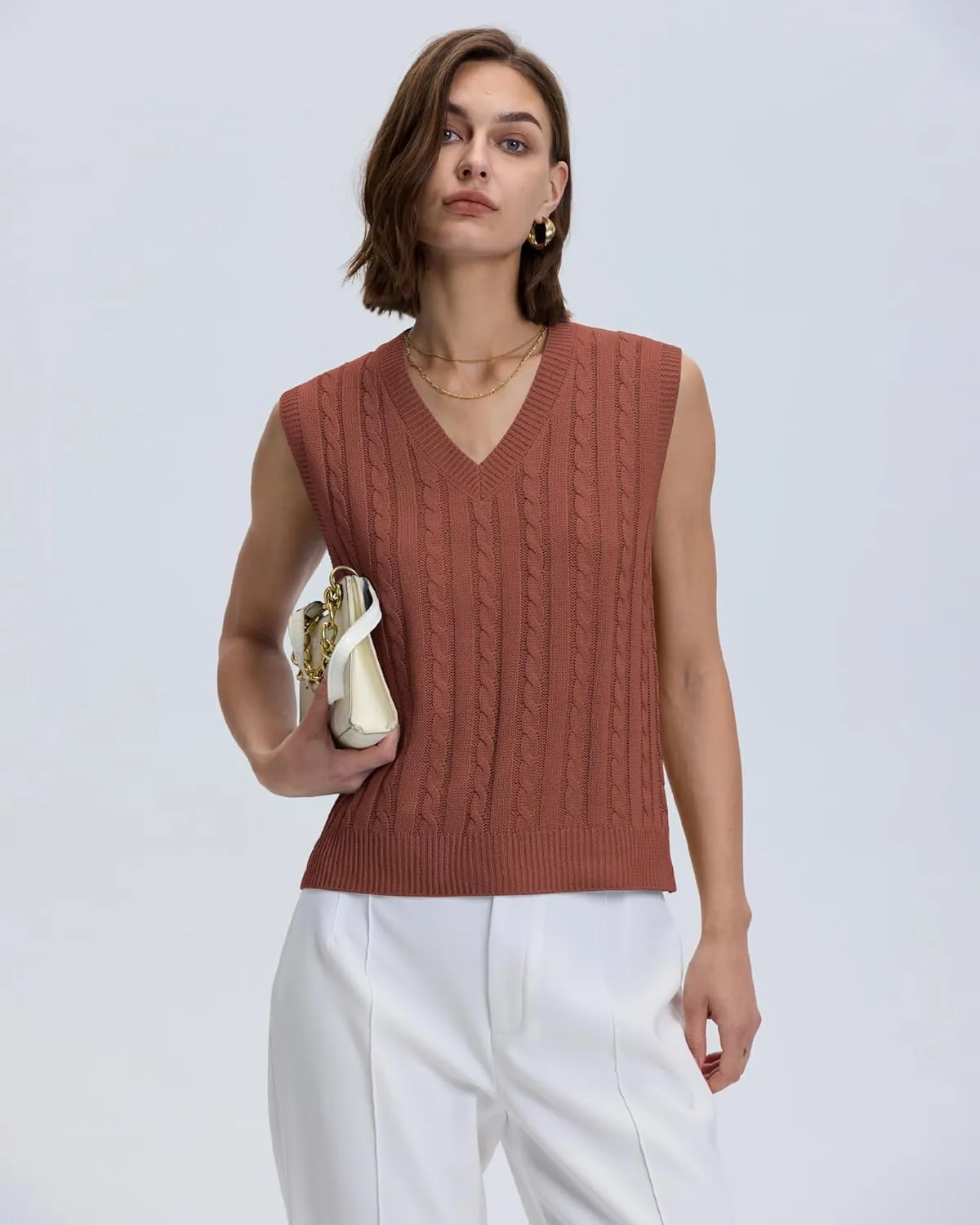 Locachy Women's Vintage Loose V Neck Sleeveless Cable Knit Preppy Style Pullover Sweater Vest