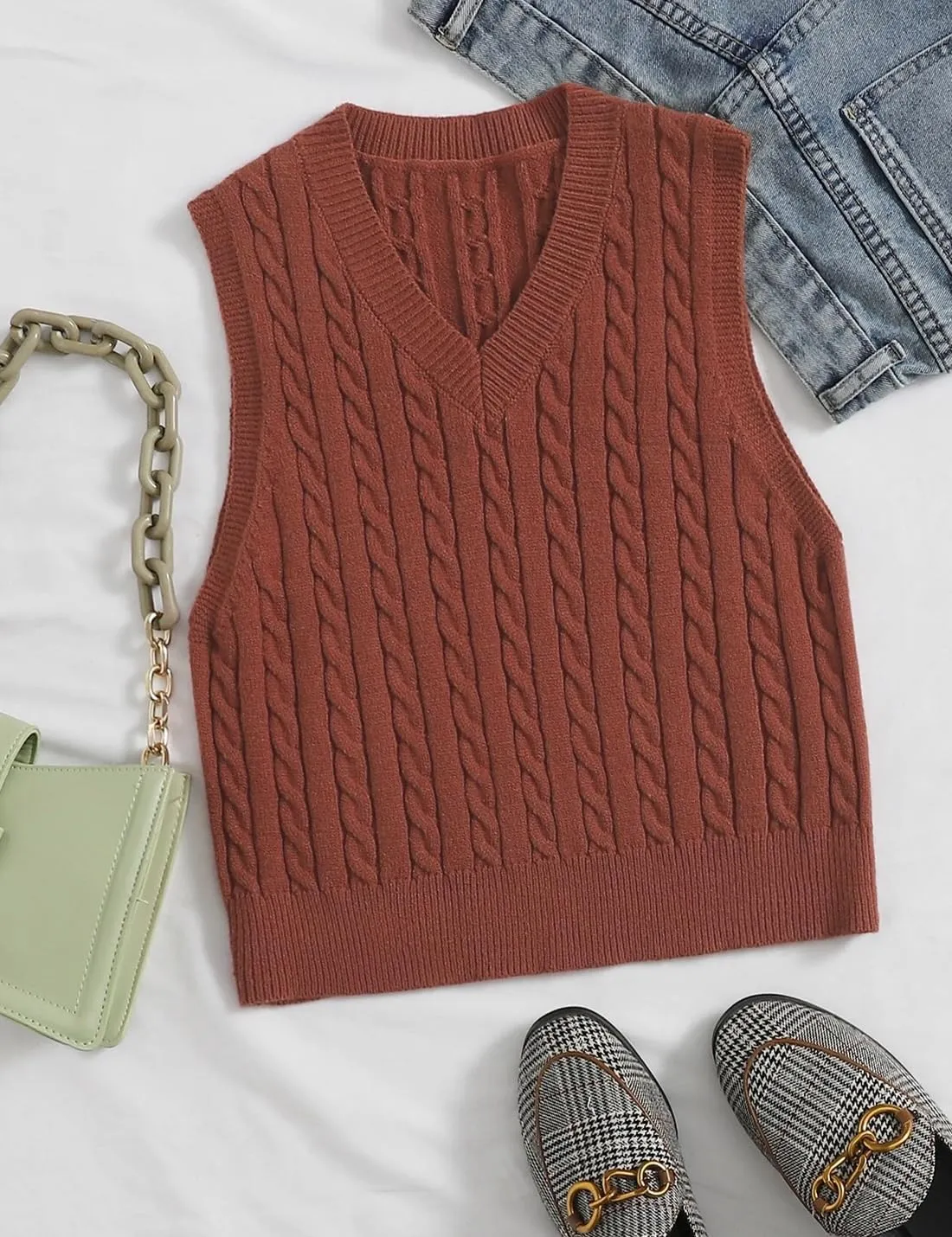 Locachy Women's Vintage Loose V Neck Sleeveless Cable Knit Preppy Style Pullover Sweater Vest