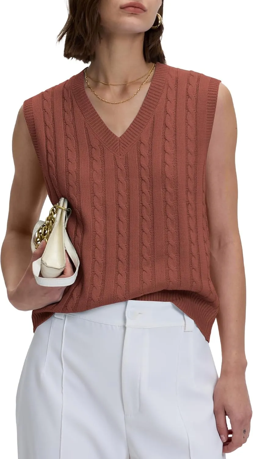 Locachy Women's Vintage Loose V Neck Sleeveless Cable Knit Preppy Style Pullover Sweater Vest