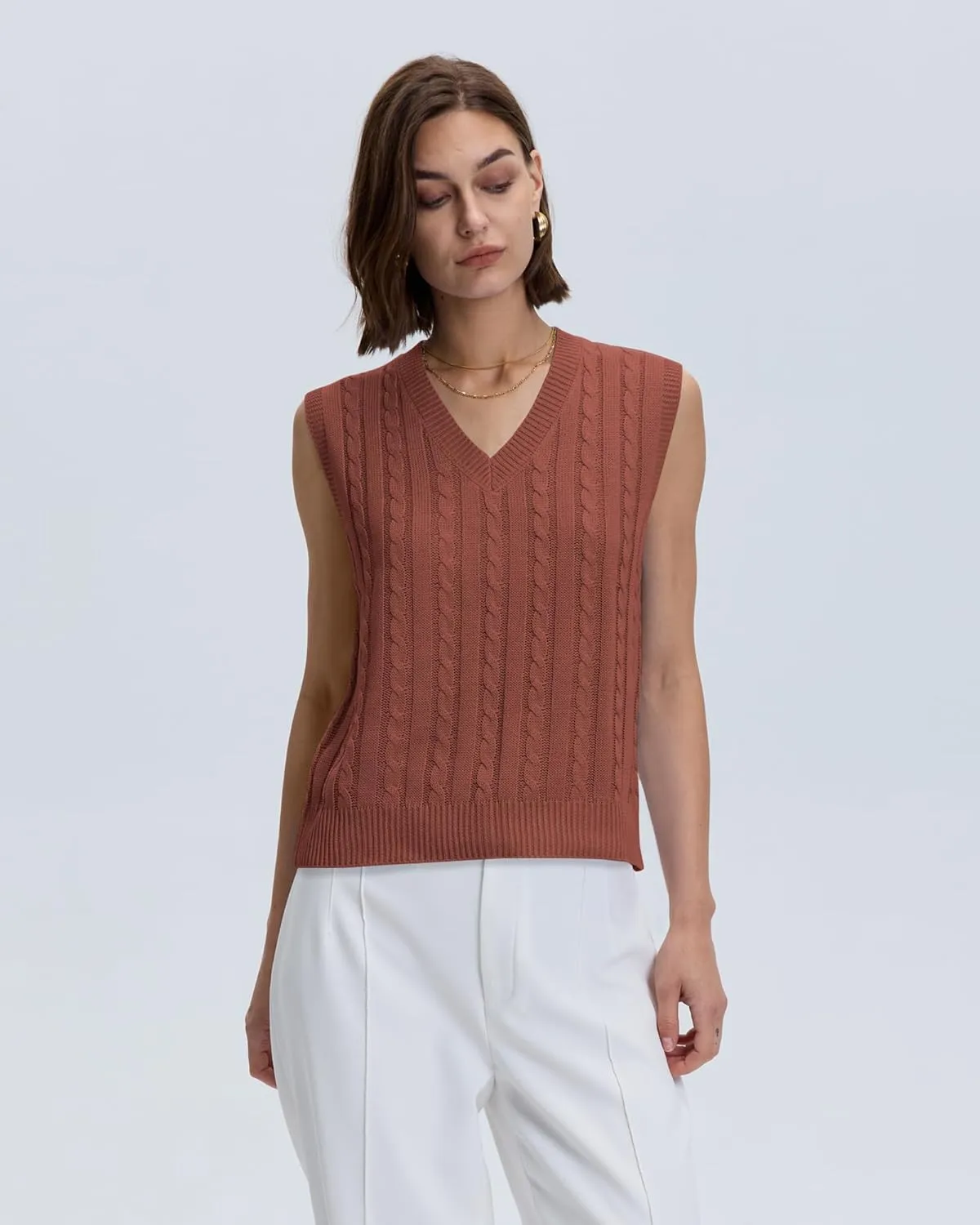 Locachy Women's Vintage Loose V Neck Sleeveless Cable Knit Preppy Style Pullover Sweater Vest