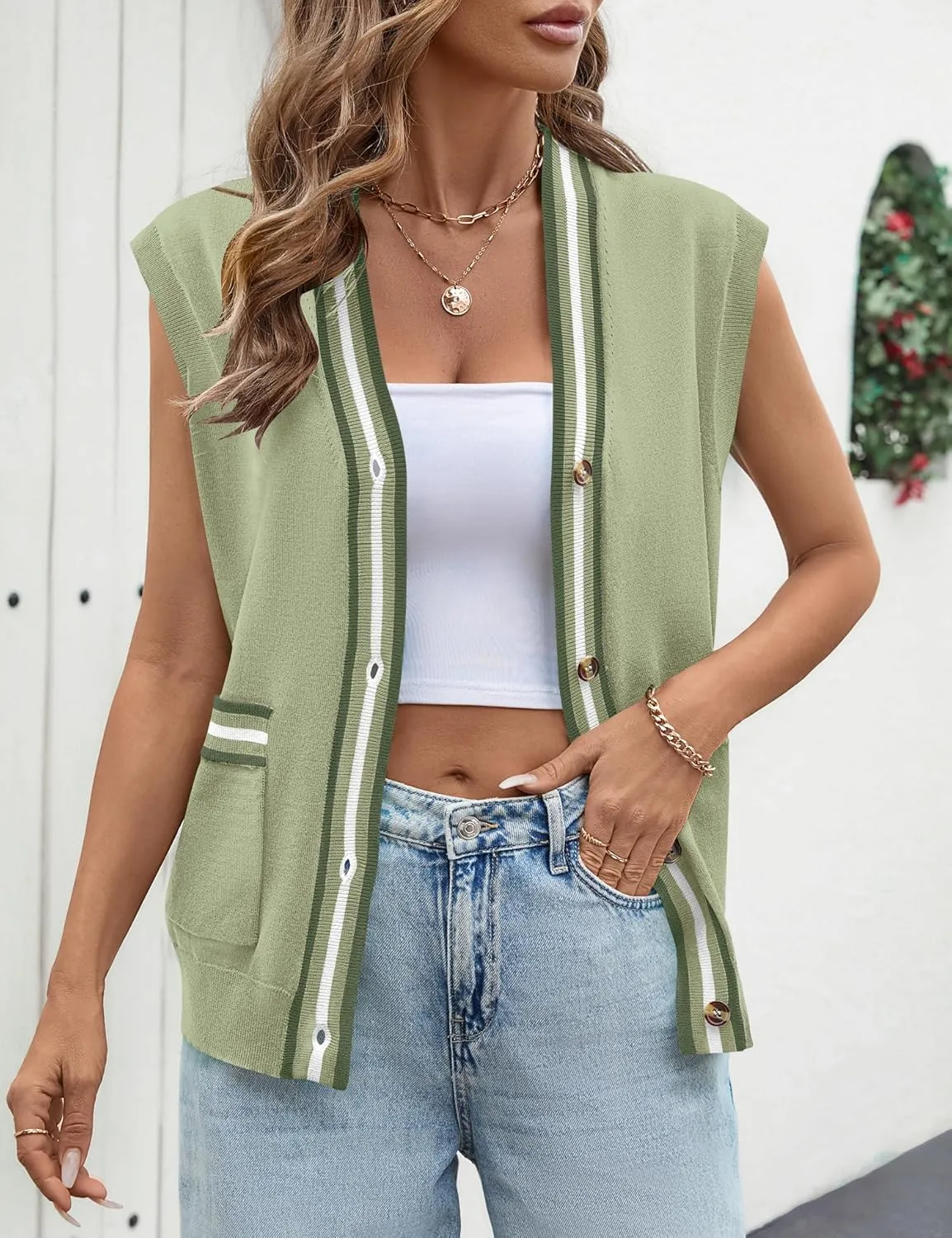 LOMON Sweater Vest Women 2025 Cap Sleeve Striped V Neck Tank Tops Trendy Summer Button Down Knit Cardigan Top with Pockets