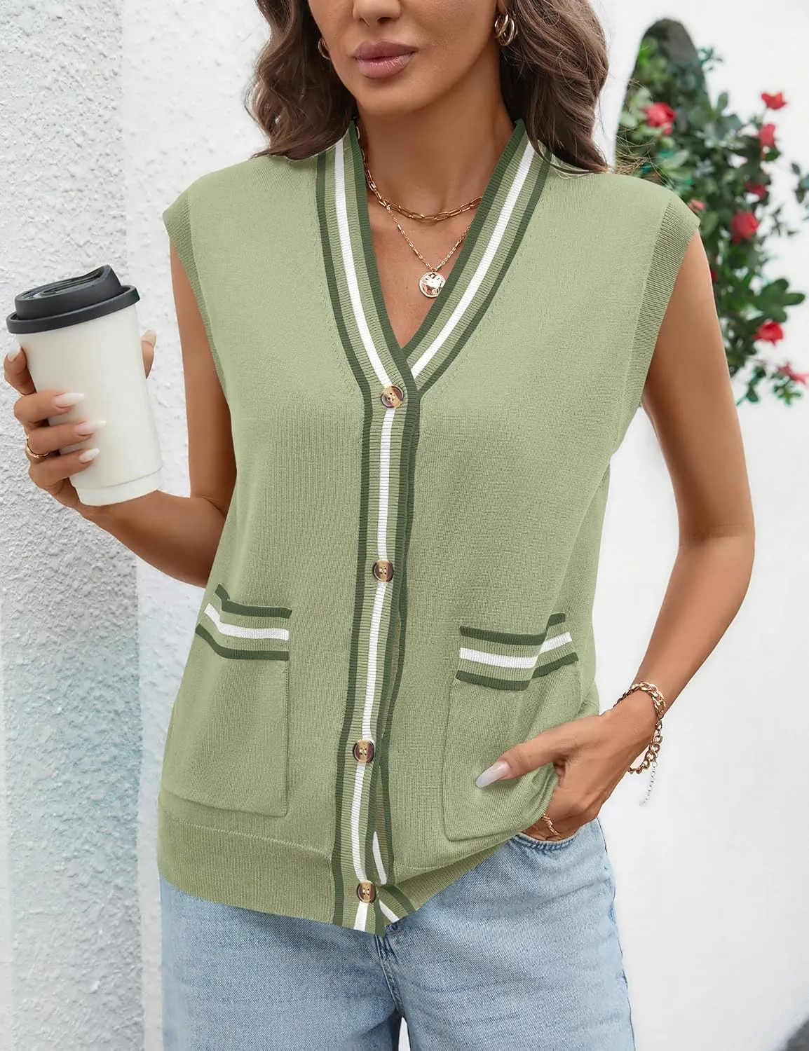 LOMON Sweater Vest Women 2025 Cap Sleeve Striped V Neck Tank Tops Trendy Summer Button Down Knit Cardigan Top with Pockets