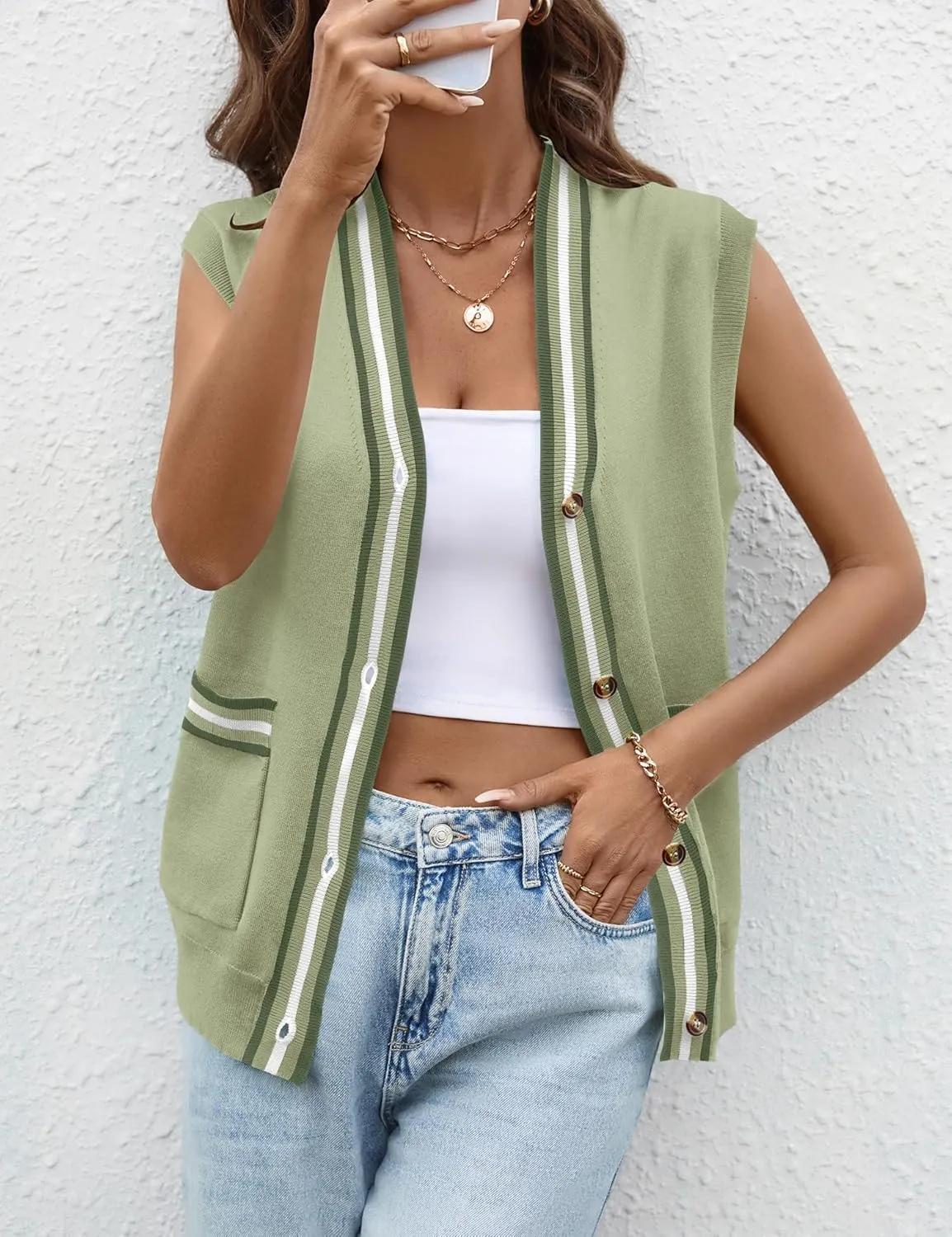 LOMON Sweater Vest Women 2025 Cap Sleeve Striped V Neck Tank Tops Trendy Summer Button Down Knit Cardigan Top with Pockets