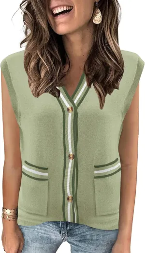 LOMON Sweater Vest Women 2025 Cap Sleeve Striped V Neck Tank Tops Trendy Summer Button Down Knit Cardigan Top with Pockets