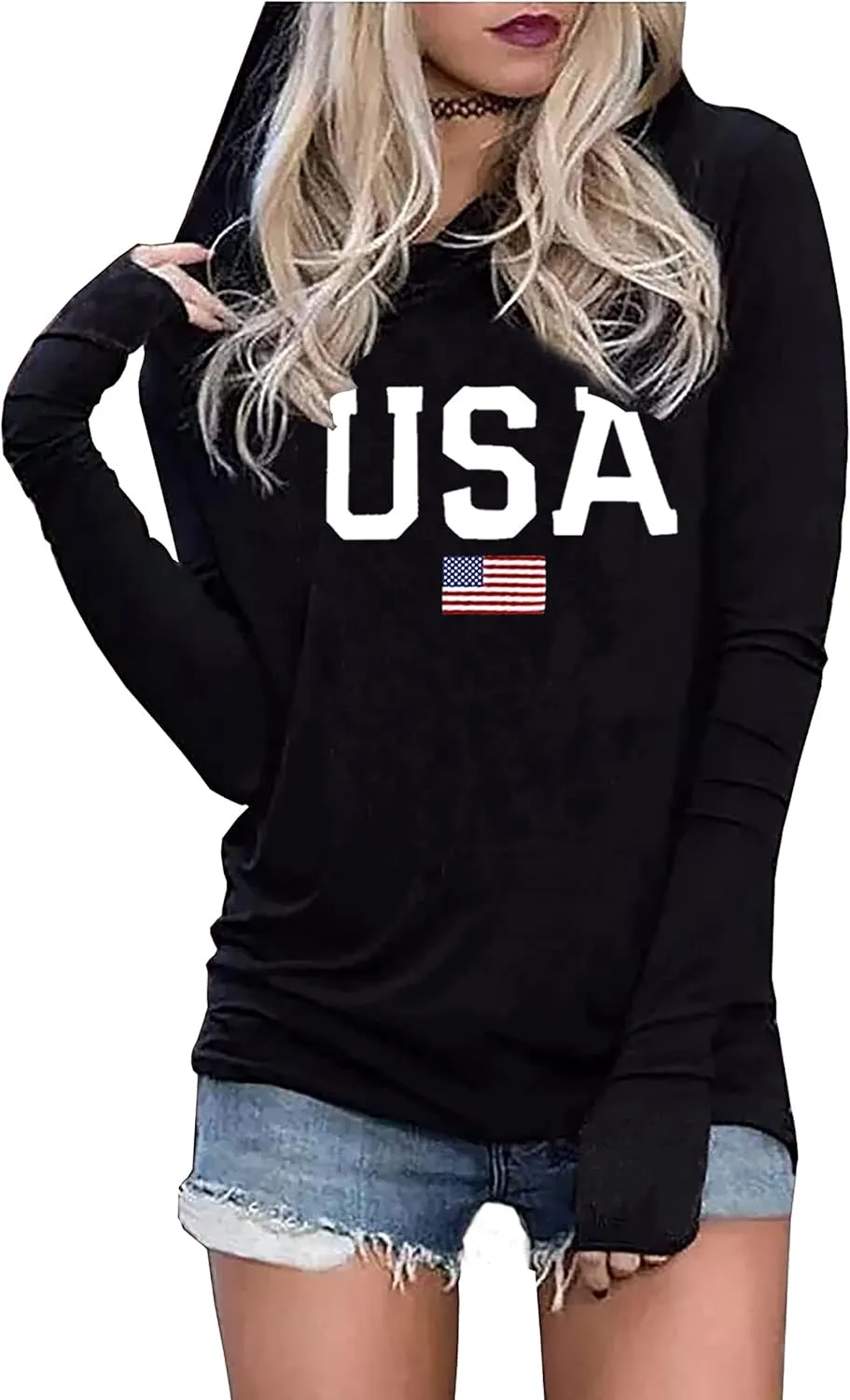LYEIAO American Flag Fashion Hoodie for Women USA Flag Graphic T-Shirt 4th of July Patriotic Long Sleeve Hoodie Pullover Tops