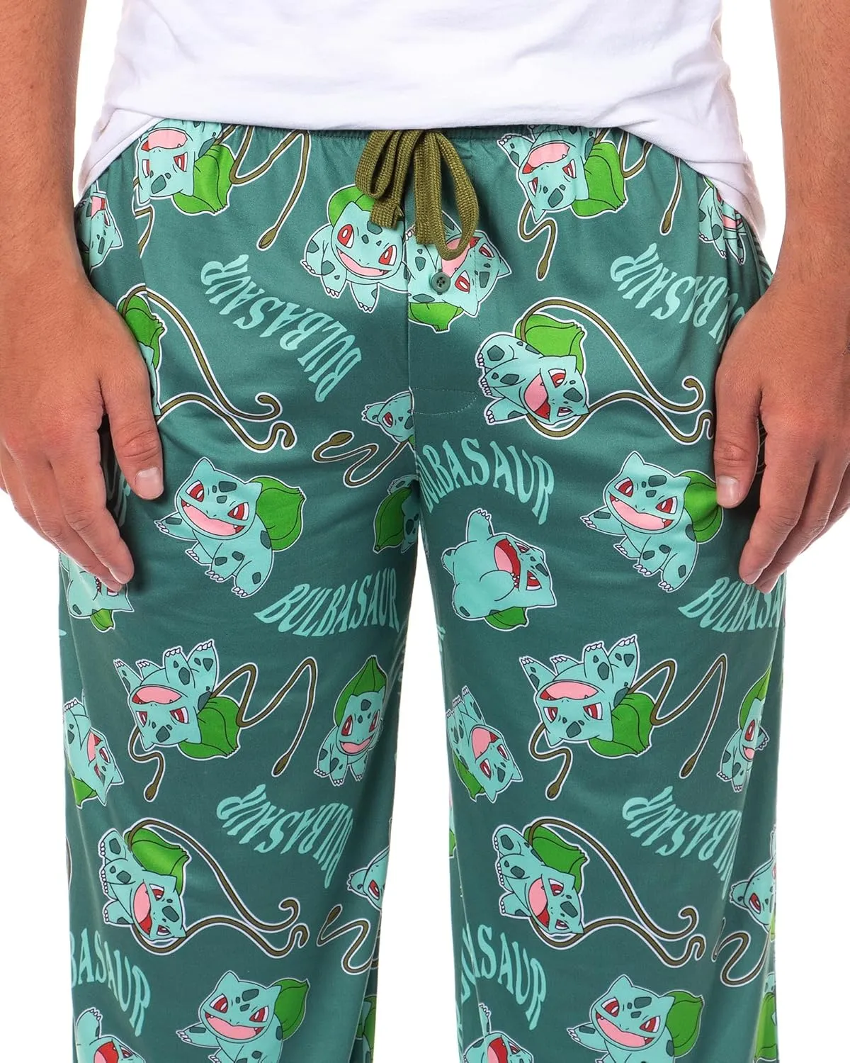Mad Engine Pokemon Men's Bulbasaur #001 Vine Whip All Over Print Adult Pajama Pants Sleep Lounge Bottoms