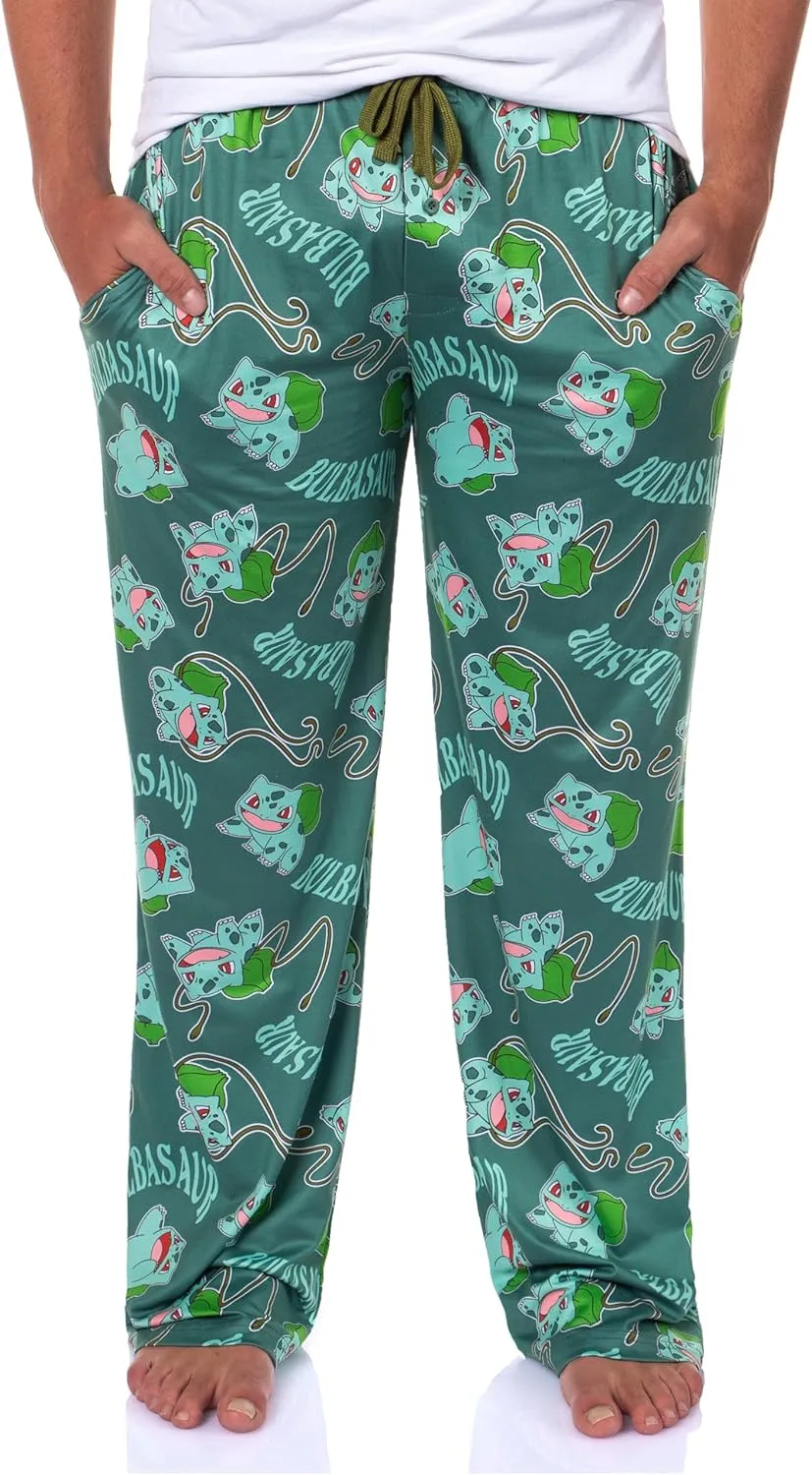 Mad Engine Pokemon Men's Bulbasaur #001 Vine Whip All Over Print Adult Pajama Pants Sleep Lounge Bottoms