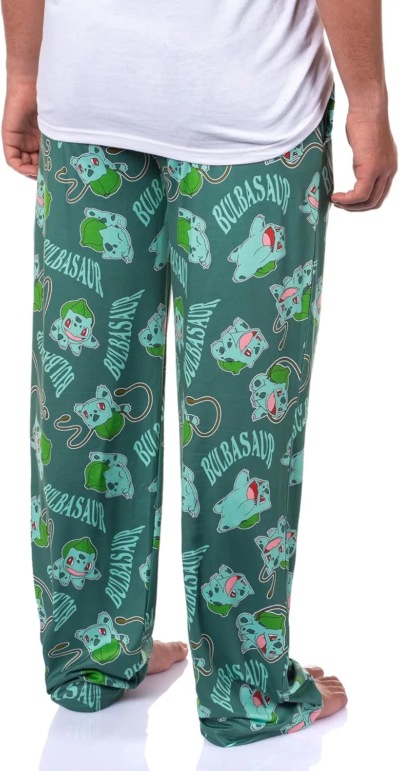 Mad Engine Pokemon Men's Bulbasaur #001 Vine Whip All Over Print Adult Pajama Pants Sleep Lounge Bottoms