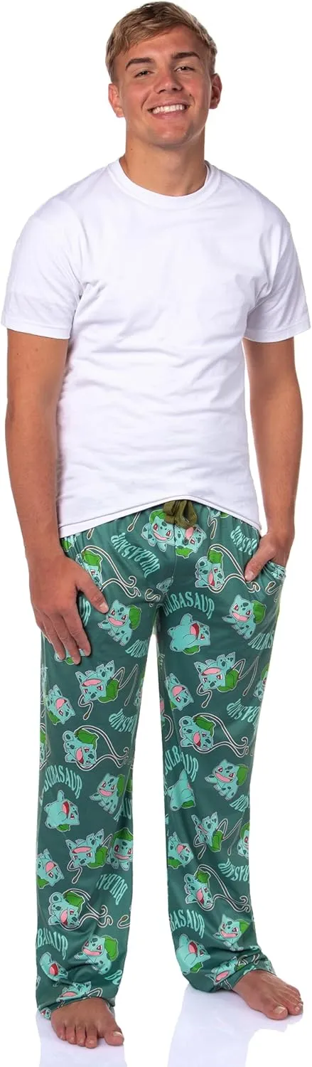 Mad Engine Pokemon Men's Bulbasaur #001 Vine Whip All Over Print Adult Pajama Pants Sleep Lounge Bottoms