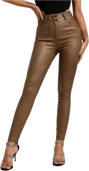MakeMeChic Women's Faux Leather Skinny Pants Button Front High Waisted PU Leather Leggings Pants