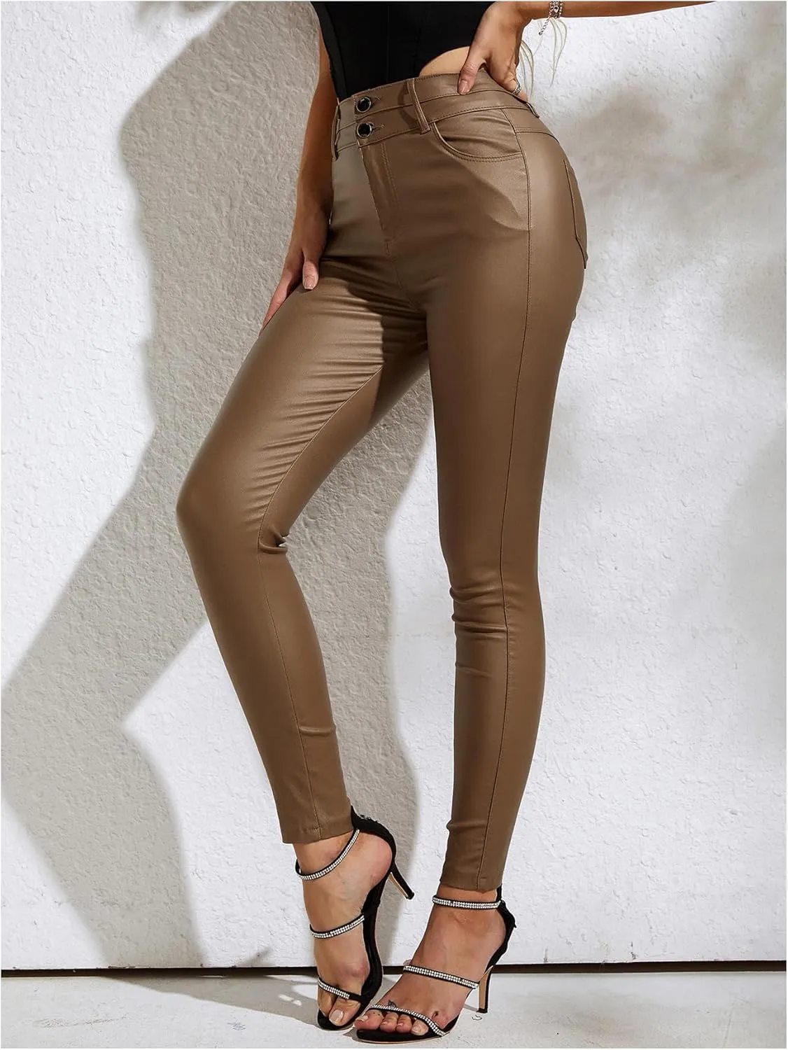 MakeMeChic Women's Faux Leather Skinny Pants Button Front High Waisted PU Leather Leggings Pants