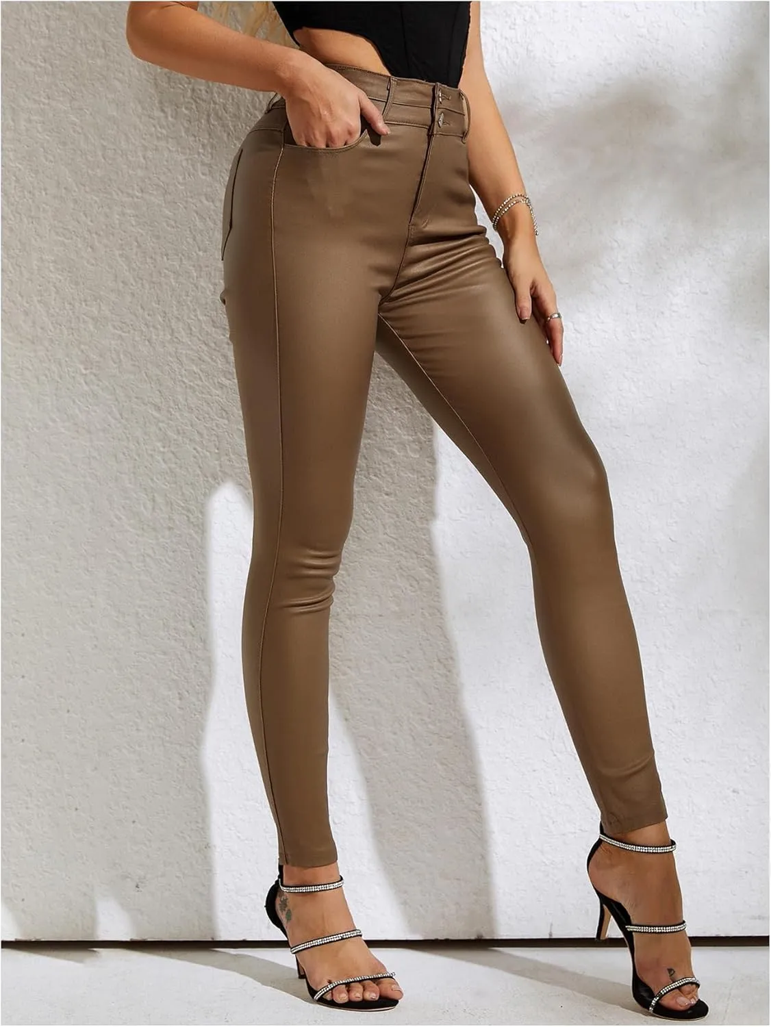 MakeMeChic Women's Faux Leather Skinny Pants Button Front High Waisted PU Leather Leggings Pants