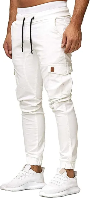 Men Slim Fit Casual Jogger Athletic Long Pant Hip Hop Chino Pocket Trousers Drawstring Outdoor Work Military Tactical Pants (White,X-Large)