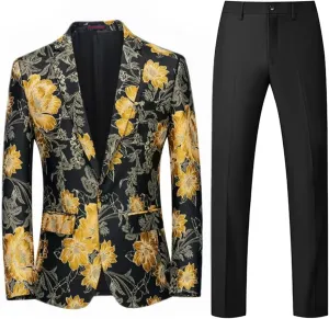 Mens 2 Piece Floral Dress Suit Regular Fit Tuxedo 1 Button Suits Dinner Party Tuxedo Jacket & Pants