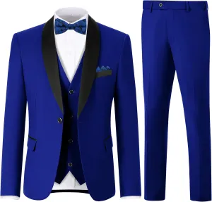 Men's 3 Piece Slim Fit Suit One Button Shawl Lapel Jacket Vest Pants Tuxedo Set with Bow Tie Pocket Square