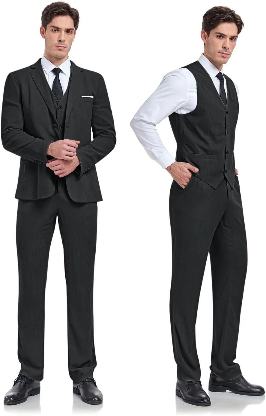 Men's 3 Pieces Linen Suit Slim Fit Summer Wedding Tuxedo Retro Grooms Prom Party Blazer Vest Pants
