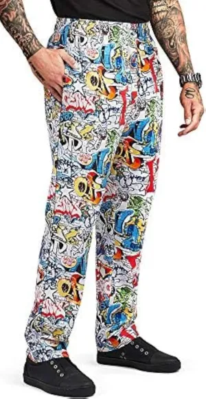Mens Graffiti Print Chef Pant (XS-3X) | Traditional Baggy Fit, 100% Cotton, Elastic Waist