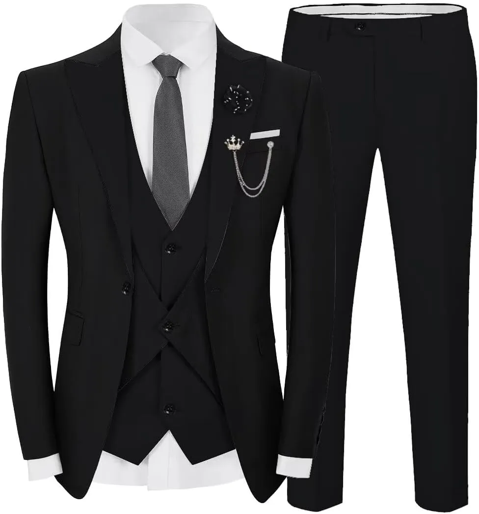 Men's Slim Fit Suit 3 Piece Classic One Button Formal Wedding Prom Suit Business Blazer Vest Pants