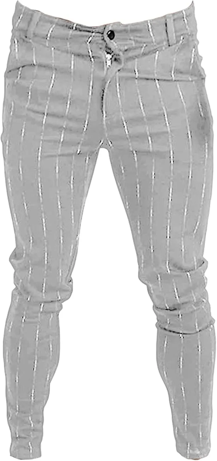 Men's Stripe Printed Dress Pants Skinny Stretch Chino Pencil Trousers Classic Slim Flat Front Golf Long Pants