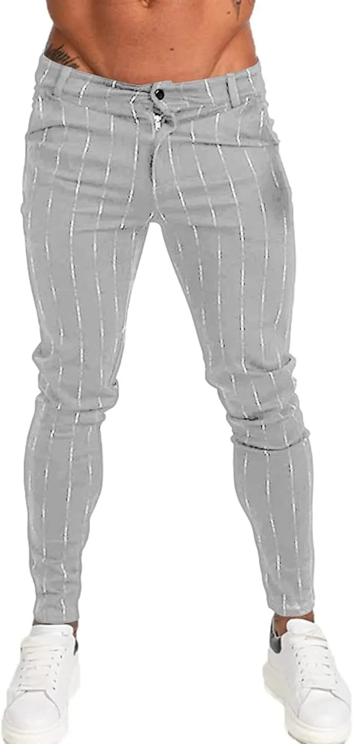 Men's Stripe Printed Dress Pants Skinny Stretch Chino Pencil Trousers Classic Slim Flat Front Golf Long Pants