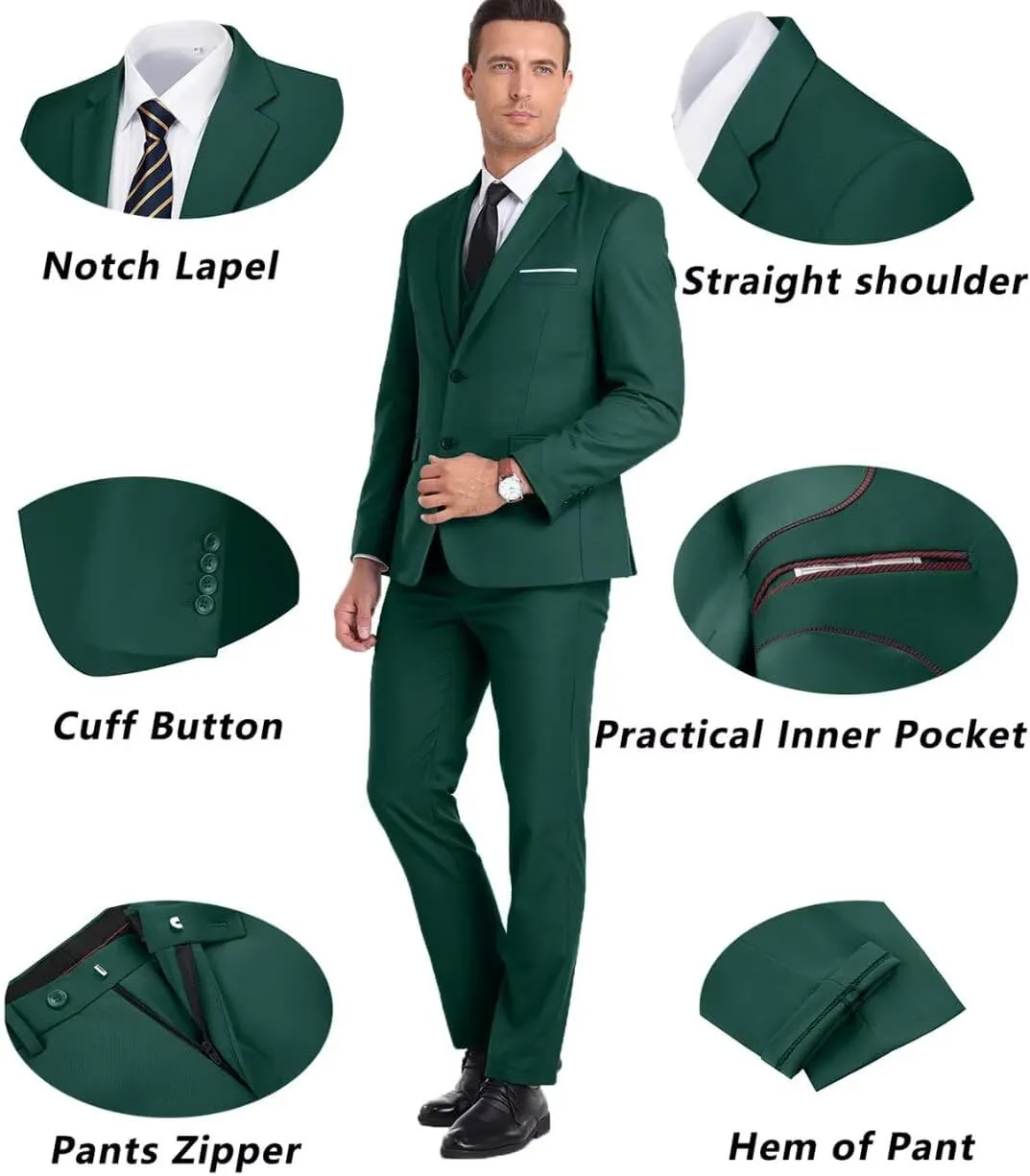 Men's Suit Slim Fit 3 Piece Wedding Dress Tux Suit Set Two Buttons Business Suits Blazer Jacket Vest Pants with Tie