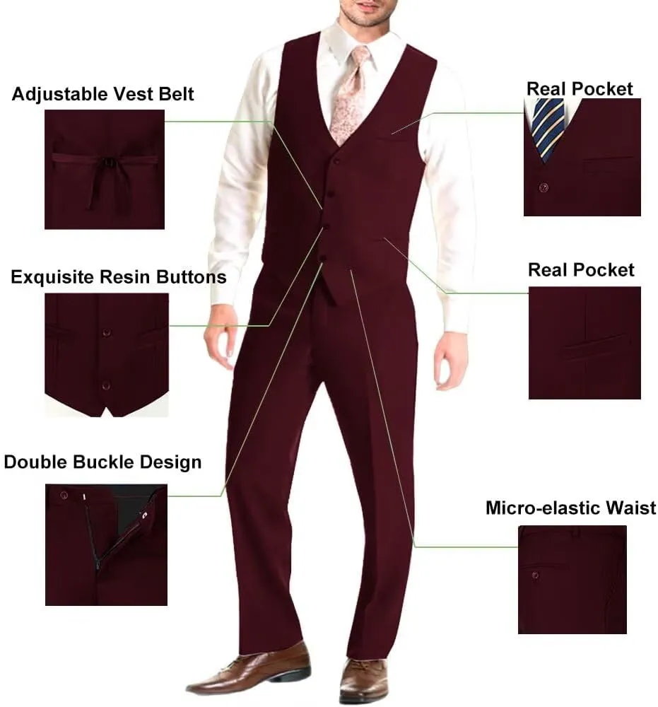 Mens Suit Solid Two Button Slim Fit Suit Set for Wedding Formal Business Suit Men 3 Piece Suit Blazer Vest Pants Set