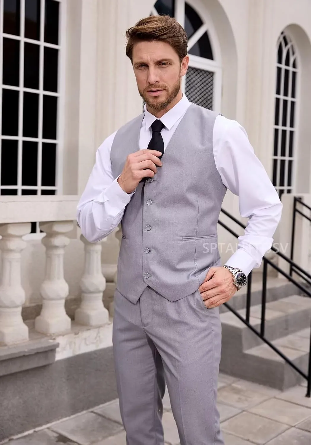 Mens Vest and Pants Suit Set Slim Fit 2 Piece Wedding Suits for Groomsmen Business Prom Homecoming Formal Set