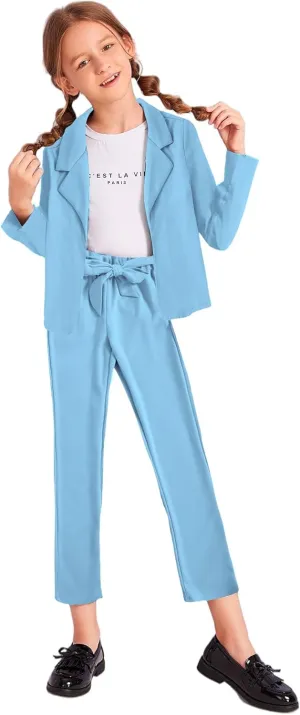 Milumia Girl's Two Piece Outfit Solid Open Front Blazer and Pants Set