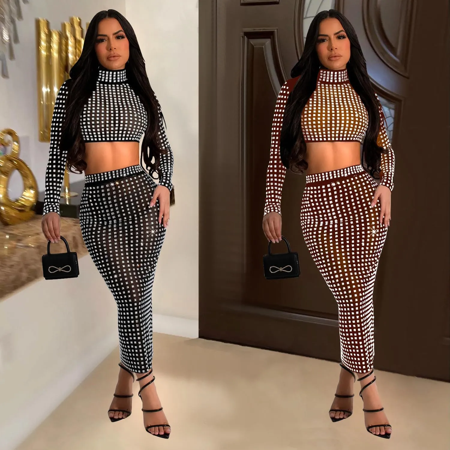 Molilove Womens 2 Piece Outfits Sexy Mesh Long Sleeve High Neck Crop Tops with High Waisted Pencil Skirt Set