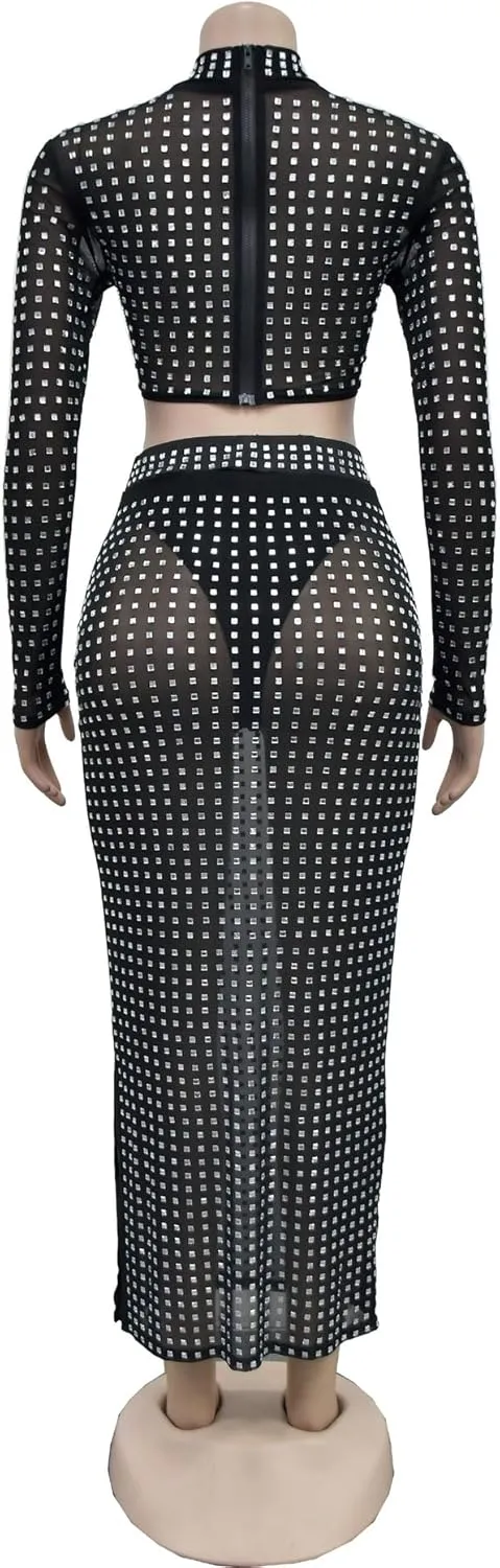 Molilove Womens 2 Piece Outfits Sexy Mesh Long Sleeve High Neck Crop Tops with High Waisted Pencil Skirt Set
