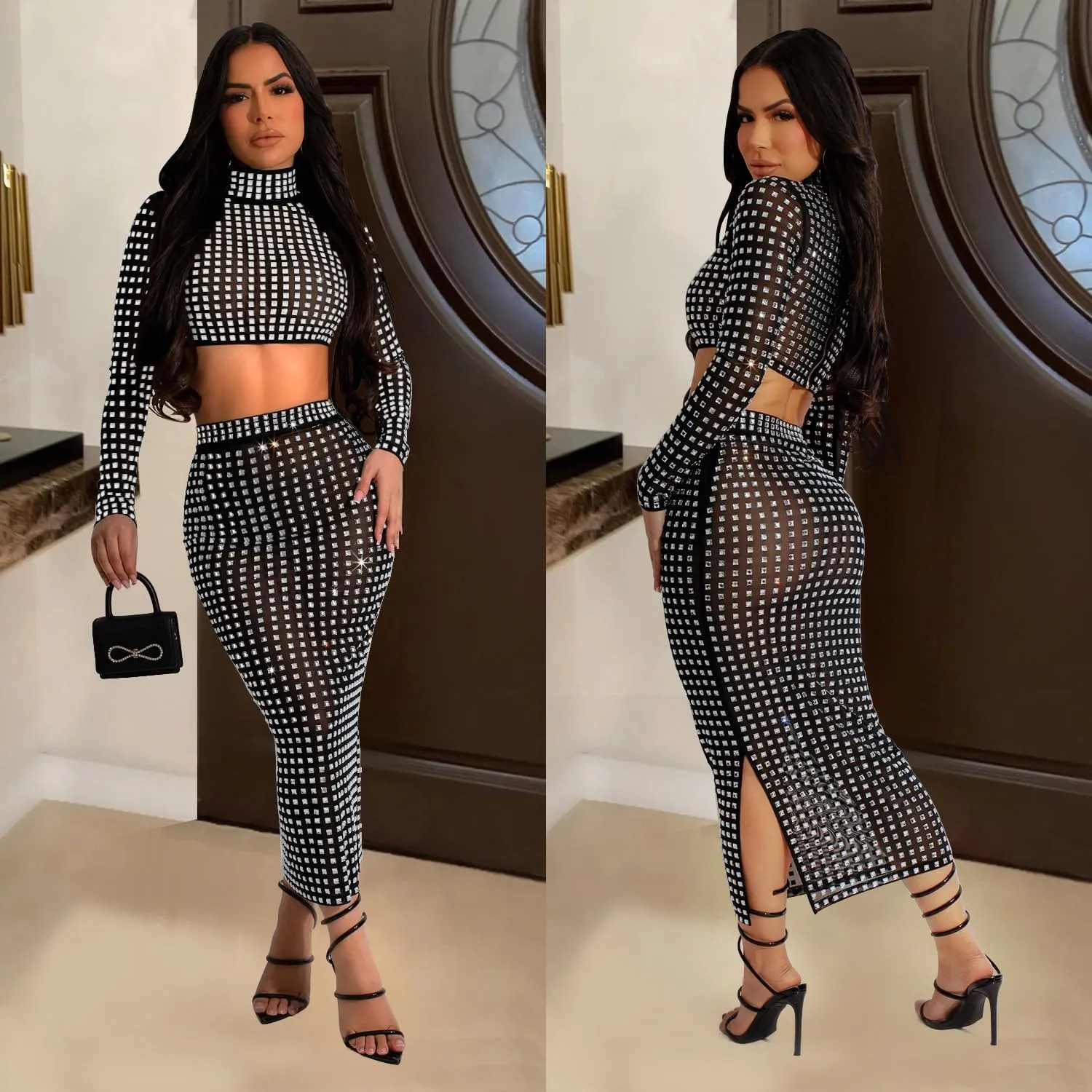 Molilove Womens 2 Piece Outfits Sexy Mesh Long Sleeve High Neck Crop Tops with High Waisted Pencil Skirt Set