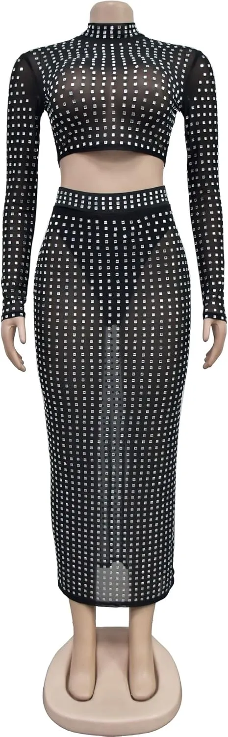 Molilove Womens 2 Piece Outfits Sexy Mesh Long Sleeve High Neck Crop Tops with High Waisted Pencil Skirt Set