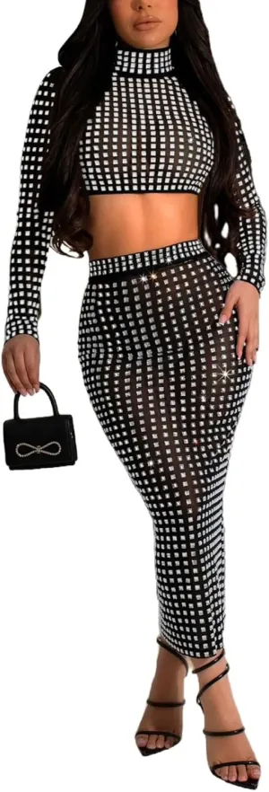 Molilove Womens 2 Piece Outfits Sexy Mesh Long Sleeve High Neck Crop Tops with High Waisted Pencil Skirt Set