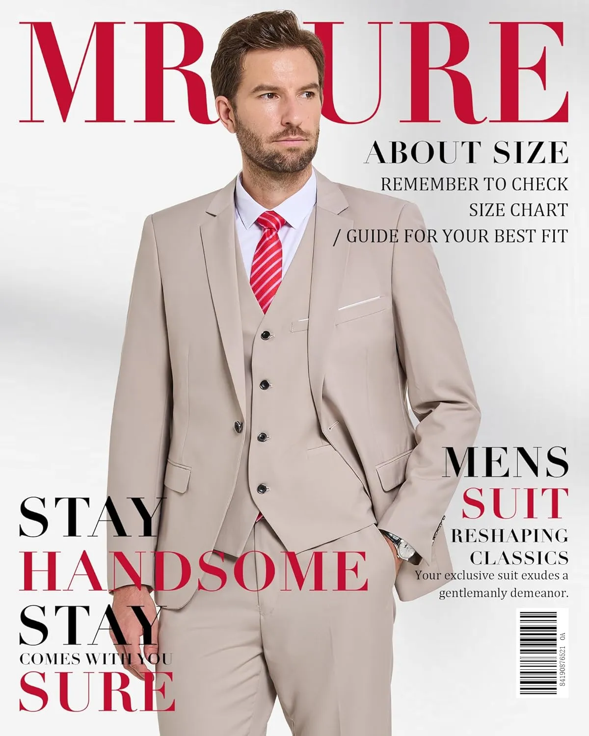 MrSure Mens 3 Piece Suit Blazer, Slim Fit Tux with 2 Button, Jacket Vest Pants & Tie Set for Party, Wedding and Business