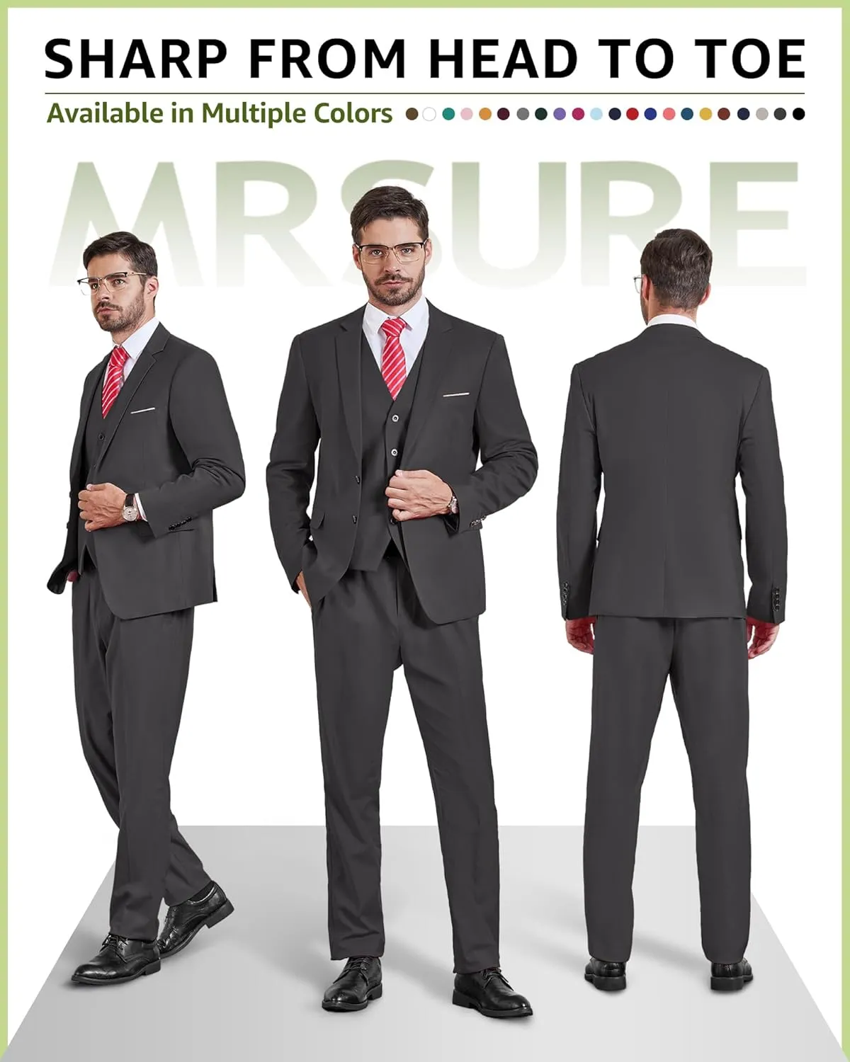MrSure Mens 3 Piece Suit Blazer, Slim Fit Tux with 2 Button, Jacket Vest Pants & Tie Set for Party, Wedding and Business
